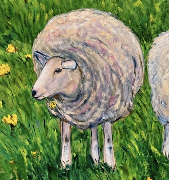 Detail of the original painting Sheep in the Field by Marina Stognieva